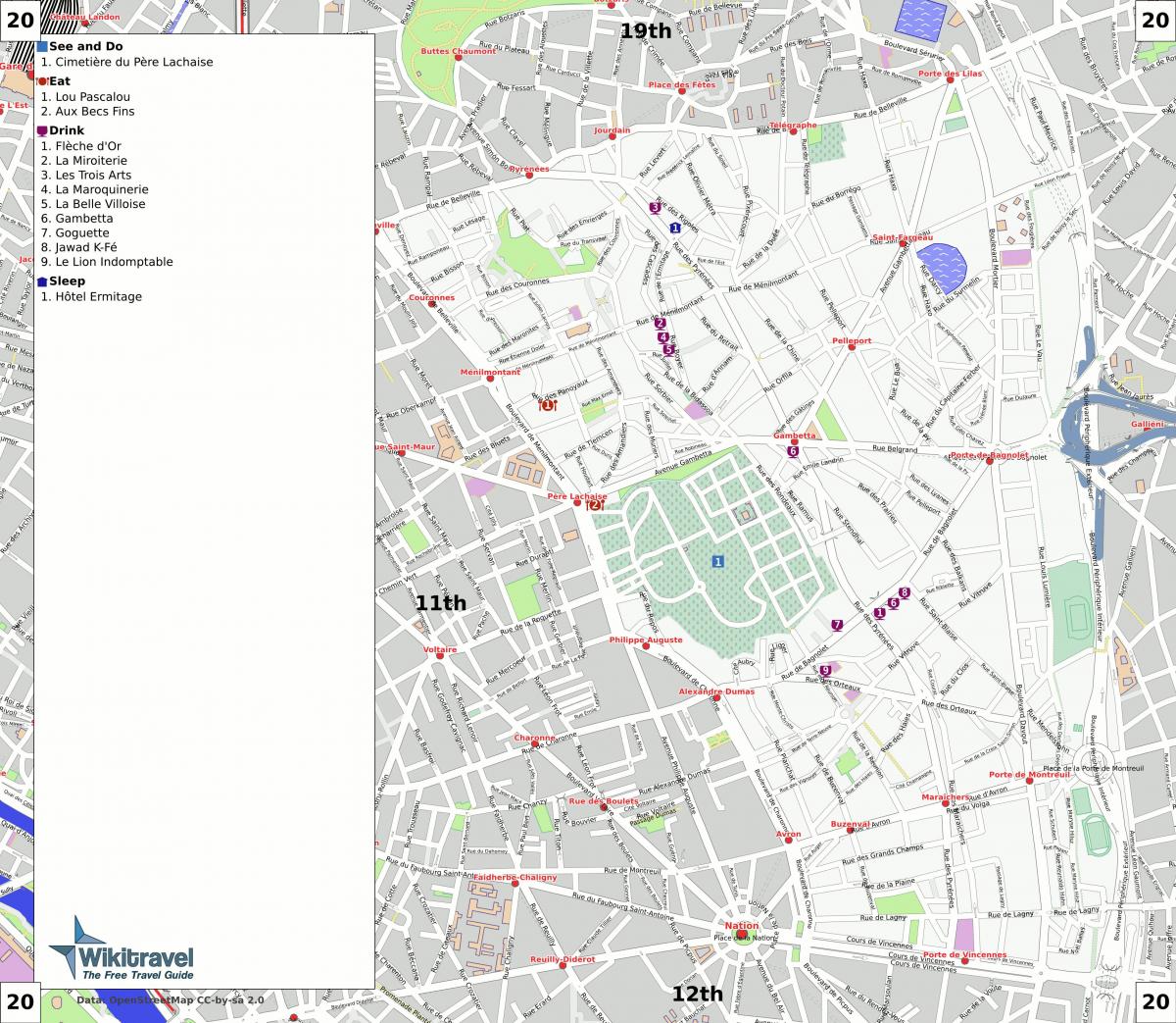 Kaart van die 20ste arrondissement van Parys