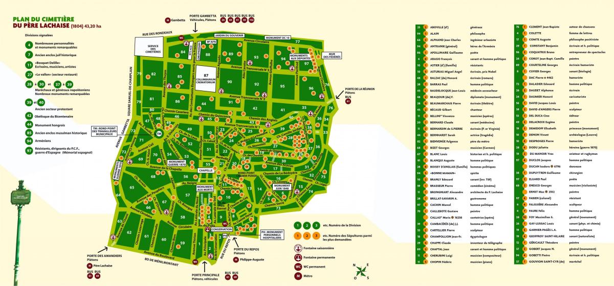 Kaart van die Père-Lachaise-Begraafplaas